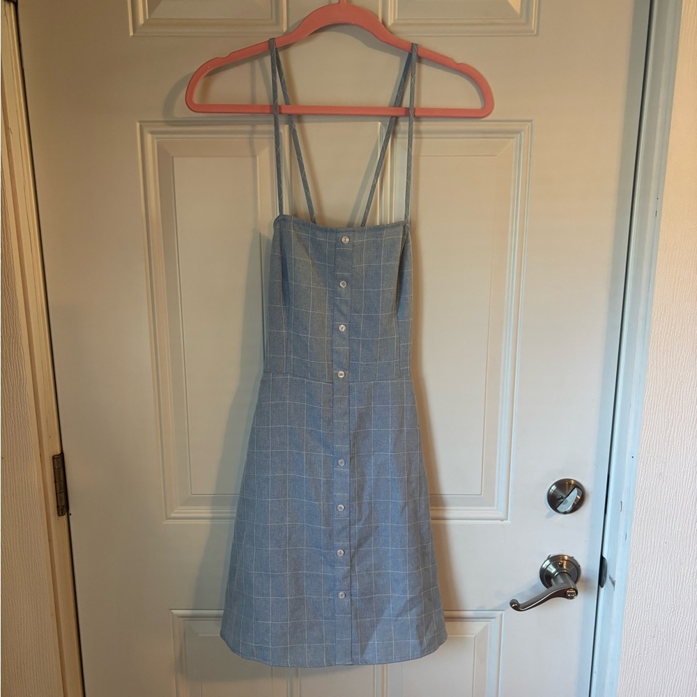 Forever 21 Light Blue Checked Button-Front Mini Dress